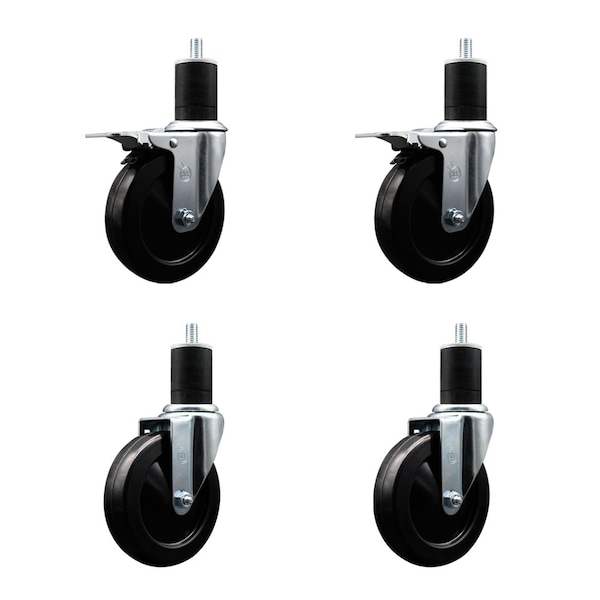 5'' Soft Rubber Swivel 1-3/4'' Expanding Stem Caster Set 2 Total Lock Brakes, 4PK